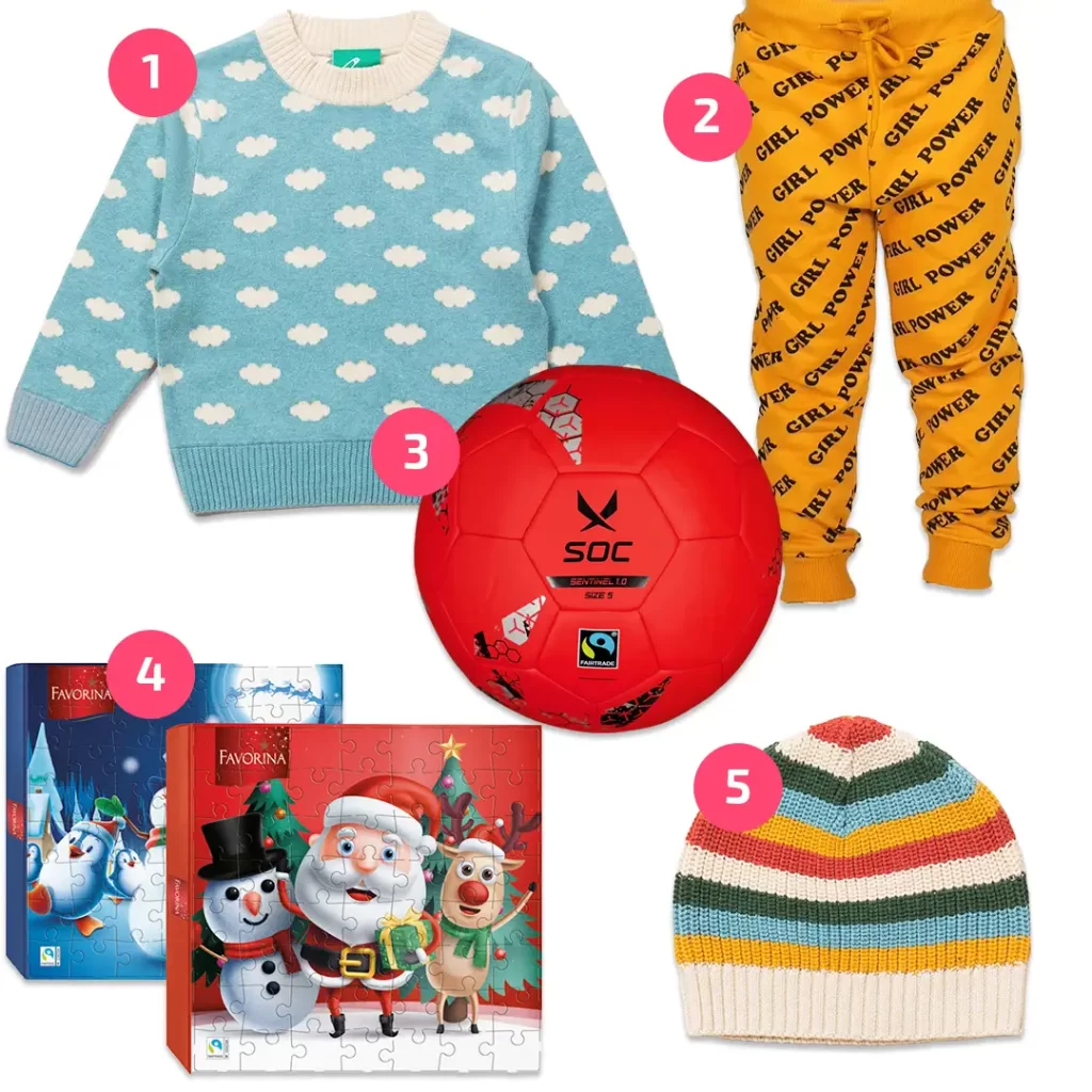 Julklappar för barn, såsom en jumper, mjuka byxor, fotboll och en docka, allt Fairtrade-märkt